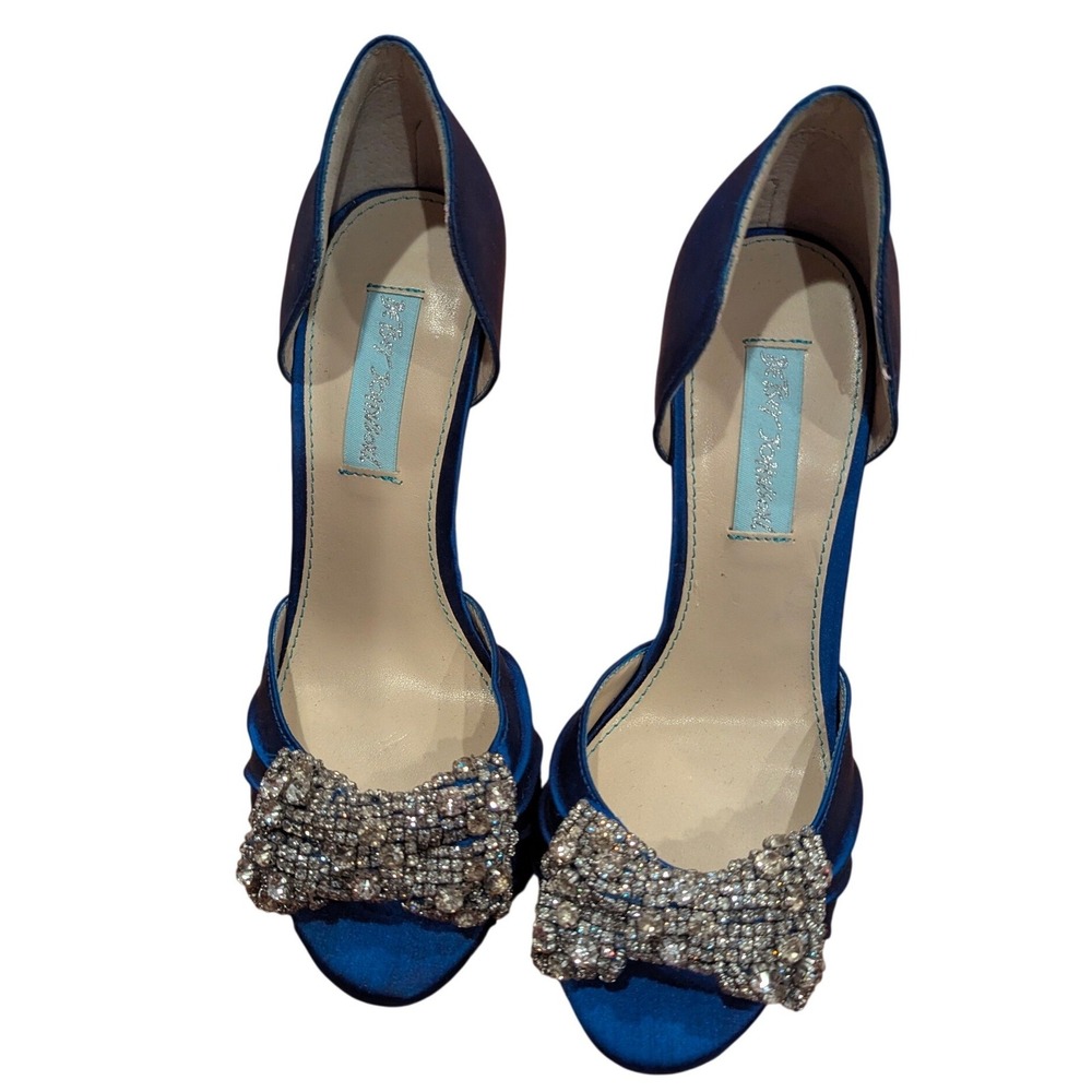 Betsey Johnson Glam 6.5 Royal Blue Satin Rhinestone Bow Peep Toe D'Orsay Heel